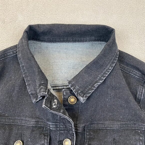 Women's Black Denim Jean Jacket Medium Stretch Fitted Classic Button Y2K - Picture 7 of 12